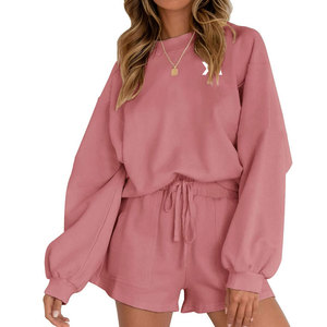Conjunto Casual de Sudadera y Pantalón Corto para Mujer, 100% Algodón, Diseño Sólido de Dos Piezas, Transpirable, Ecológico, Tela Suave, para Uso Diario y Viajes - Product Image 1