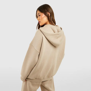 Lourd surdimensionné 100% français éponge épais polaire marron coton femmes pull fermeture éclair à capuche, sweat - Product Image 2