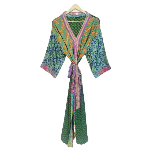 Zijden Kimono Bedrukte Kantha Kimono 'S, Nachtkleding Jurk Kimono, Zachte Stof Handgemaakte Gestikte Zijden Kimono