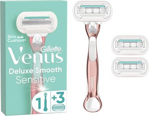 Gillette Venus Deluxe Smooth Sensitive Rasoir pour femme, 3 lames de rasoir recharges, manche en métal or rose, Lubrastrip - Product Image 1