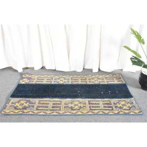 Tapis traditionnel en laine Patchwork bleu jaune 1.9x3.4 pieds fait à la main turc Jacquard tissage Latex pour couloir chambre tapis de chevet - Product Image 2