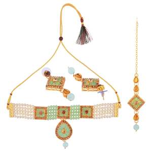 Indian Traditional Multi-Layered Faux Pearl <b>Beaded</b> Crystal <b>Choker</b> <b>Necklace</b> Set Gold Plated Mint Color - Product Image 5