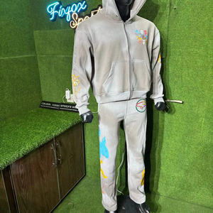 2025 High Quality Fleece 100% Cotton Fleece 2 Piece Zipper Cropped <b>Drop</b> Shoulder Tracksuit for Men with Screen Printed logo - Product Image 1