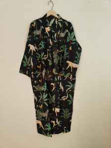 <b>Black</b> Jungle Print <b>Women's</b> Cotton Kimono <b>Robe</b>-V-Neck Full Length Soft Summer Luxury Gift - Product Image 6