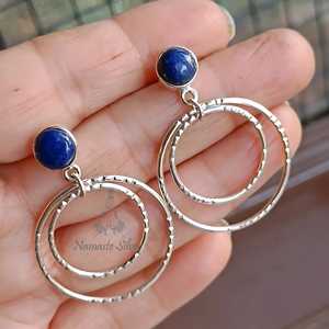 Pendientes de Aro Doble de Plata de Ley 925 con Lapislázuli, Pendientes Colgantes Hechos a Mano con Piedra Preciosa Azul Natural, Cuarzo Único - Product Image 2