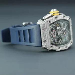 Montre automatique de luxe haut de gamme avec diamants blancs de laboratoire, cadran en verre, bracelet en silicone bleu, cadeau pour homme et femme - Product Image 1