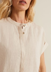 Lino natural cuello mandarín botón frontal manga corta Casual sólido Vintage ODM blusa - Product Image 2