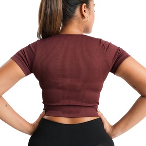 Vente en gros été Arrivage femmes marron coton côtelé vierge col ouvert crop tops femmes Slim Fit recadrée t-shirts - Product Image 3