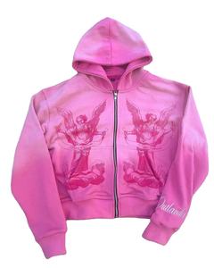 Sudadera con Capucha Rosa con Estampado de Ángel, Estilo Urbano para Mujer, Corte Recortado, Estilo Fairycore, Sudadera Vintage con Lavado Degradado Rosa, Sudadera de Forro Polar - Product Image 1