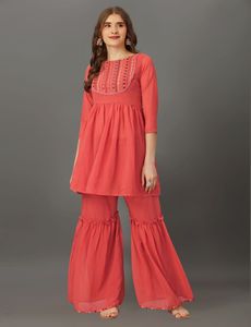 Femme Georgette Jaune Couleur Kurti avec Sharara - Product Image 5