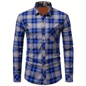 เสื้อเชิ้ตผ้าคอตตอนสำหรับผู้ชายเสื้อลายตารางแบบพอดีตัวระบายอากาศสีฟ้าและสีเทามีกระเป๋าด้านหน้าสำหรับ100% - Product Image 1