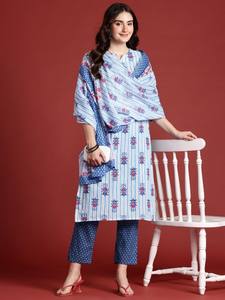 <b>women</b> Floral Printed Pure Cotton Kurta With Trousers & Dupatta indian pakistan salwar kameez <b>suit</b> - Product Image 3