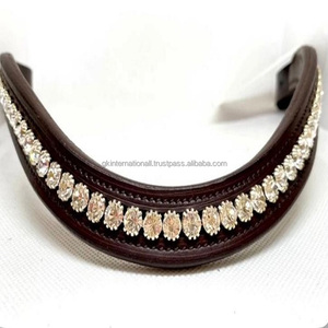 Ustom-banda para la frente de cuero de caballo, banda suave acolchada en negro o marrón con diseño curvo y cristales ostentosos de estilo floral dorado - Product Image 6