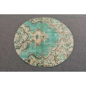 Alfombra de lana verde y beige tradicional hecha a mano, diseño de retazos de 4,2x4,2 pies, sala de estar látex para, dormitorio, pasillo, alfombras rectangulares turcas - Product Image 3