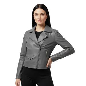 Chaqueta de Motociclista de Cuero Vacuno Gris para Mujer, Personalizada, al por Mayor, Precio de Fábrica, Estilo Motero, Abrigo de Moda Femenina, Servicio OEM - Product Image 1