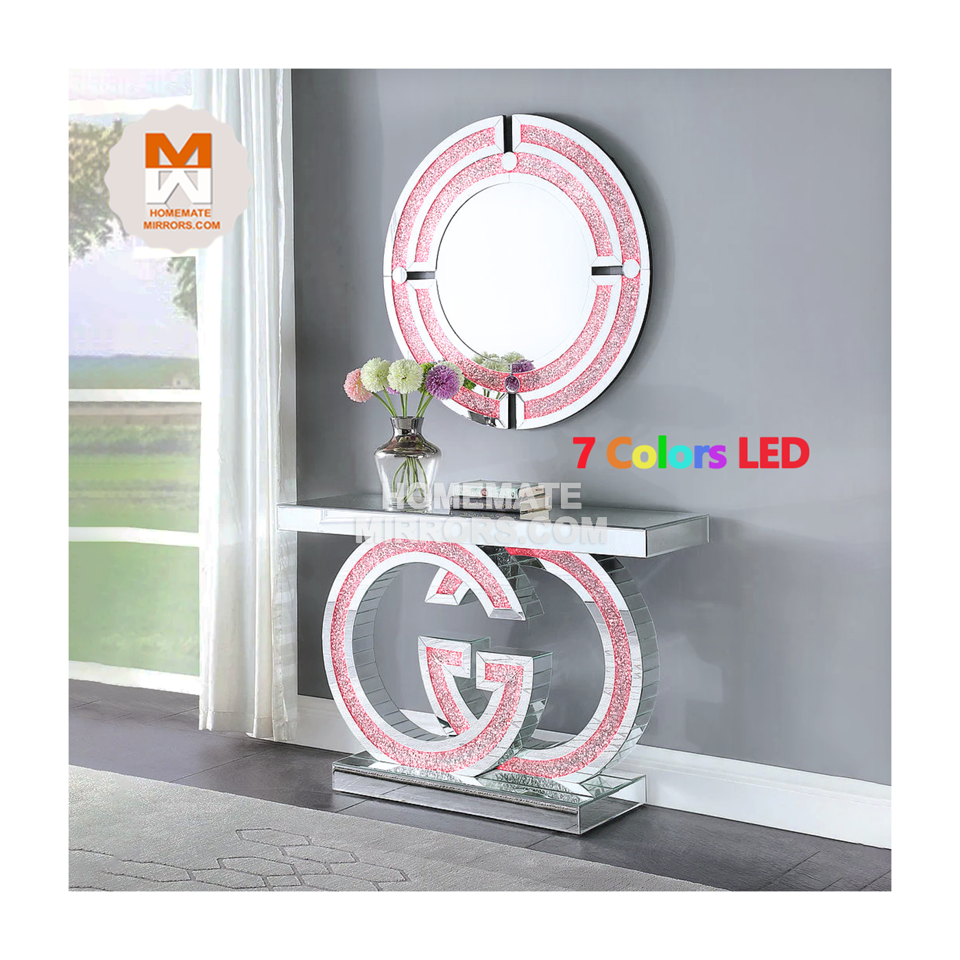 Hot LED GG glass mirror console tables with mirror crushed diamond for Living Room