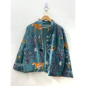 Jungle Durbar Luxury Streetwear <b>Jacket</b> 100% Cotton Block Printed Velvet Teal Saffron XS Size Coated <b>Leather</b> Hoodie Pattern - Product Image 4