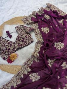 Premium Trendy indien Fandy Satin violet Saree Blouse avec chemisier fantaisie élégant hiver/été fête vêtements de mariage pour femmes fille - Product Image 3