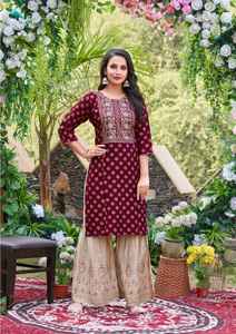 Dhwaja Export Heavy Designer Foil Print <span class=keywords><strong>Re</strong></span>-yon Indian & Pakistani Semi-Stitched Kurti and Gharrara Collection para mujer - Product Image 3