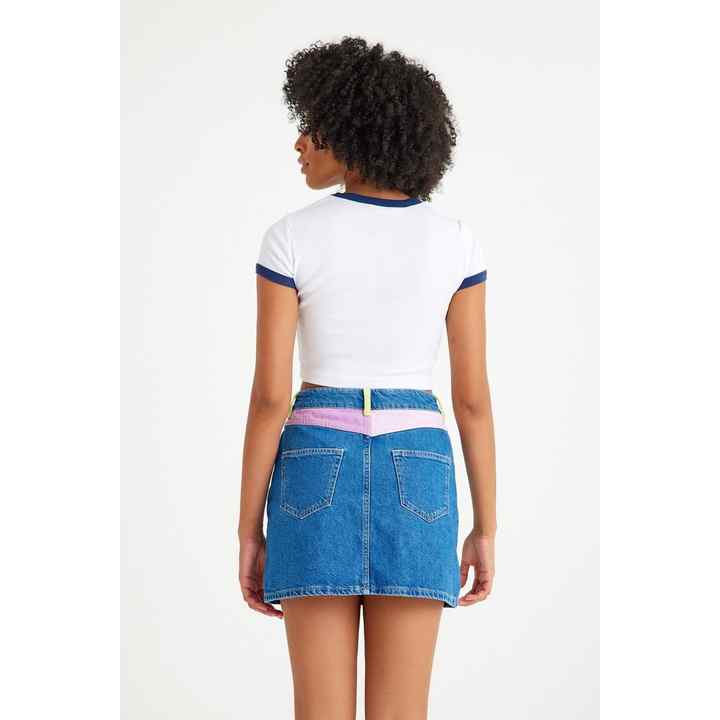 Color Blocked Jean Skirt