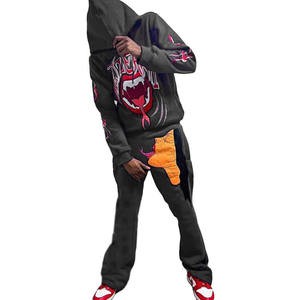 Ensemble sweat à capuche et pantalon de survêtement en coton évasé à bords empilés avec impression bouffante OEM Costume de jogging Survêtement 100% coton - Product Image 4