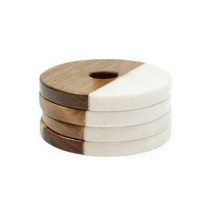 Wood Resin & Marble Coaster 4 Pieces Set Personalized Round Cup Mat Easy to <b>Clean</b> Place Mats Marble Coaster Set - Product Image 6
