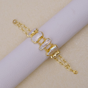 Natural White <b>Pearl</b> Gemstone Rectangular Shape <b>Bracelet</b> <b>Gold</b> Plated Bezel Set Birthstone Bangle <b>Bracelet</b> Handmade Design Jewelry - Product Image 3