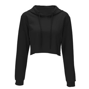 Haut court de yoga personnalisé 100 % coton pour femme, sweat à capuche brodé à manches longues avec badge décoratif sur le devant, collection automne-hiver - Product Image 3