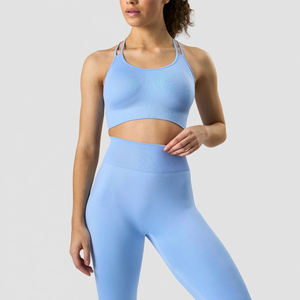 Conjunto Deportivo de Yoga para Mujer, Color Azul Cielo, Sin Costuras, Acanalado, Leggings de Cintura Alta para Entrenamiento, Conjunto Deportivo Liso para Gimnasio - Product Image 2