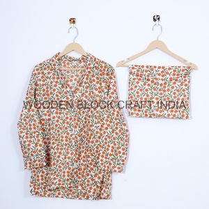 Conjunto de pijama de algodón suave 100% hecho a mano indio para mujer, traje de noche con estampado Floral, pantalones y camisa para verano - Product Image 3