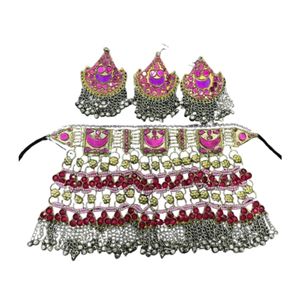 BOHO AFGHANI ETHNIC <b>STUD</b> <b>EARRINGS</b> & NECKLACE SET for WOMEN in STAINLESS STEEL with GOLD PLATING - Product Image 1