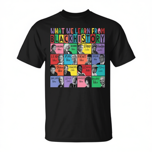T-shirt con la scritta 'What We Learn From Black History Leaders' per le promozioni del Black History Month - Product Image 2