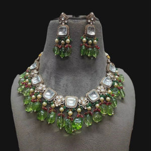 Conjunto de collar de aleación de Polki de diseñador, pendientes, joyería nupcial chapada en oro mate, bodas, fiestas con piedras de circón, compromiso - Product Image 1