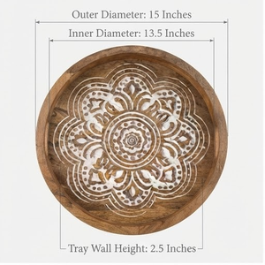 Plateau décoratif rond en bois de manguier avec motif mandala abstrait sculpté, style bohème, plateau de service en bois artisanal - Product Image 4