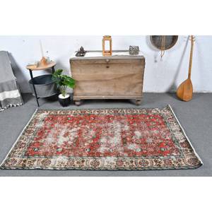 พรมตุรกีวินเทจสีแดงสีเบจ3.8 x 6.4ft ขนาดใหญ่ดีไซน์ขนสัตว์เย็บปะติดปะต่อกันสำหรับห้องโถงห้องนอนทรงสี่เหลี่ยมด้านหลังทำจากยาง - Product Image 1