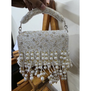 Wedding Handcrafted Suede Beaded Flap Bag with Embroidery and Pearl Decoration Womens Clutch India Premium Wholesale Export - Product Image 2