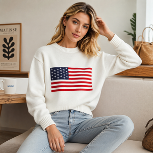 Maglione da Donna <span class=keywords><strong>in</strong></span> Cotone 100% Morbido con Bandiera USA, Pullover Intarsiato Lavorato a <span class=keywords><strong>Maglia</strong></span>, Invernale e Primaverile, Alta Qualità OEM - Product Image 3