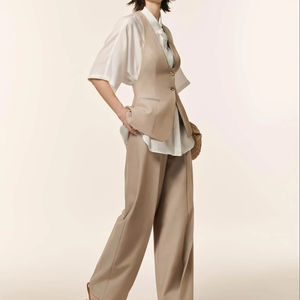 Ensemble de costume chic vintage beige pour femmes, col en V, veste à simple boutonnage, pantalon de bureau, ensemble formel pour affaires, automne - Product Image 1