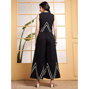 Conjunto de 2 Piezas Deebaco para Mujer, Color Negro, Estampado Geométrico, Blazer sin Mangas con Cuello en V y Pantalones Palazzo, Atuendo Casual Largo para Verano - Product Image 5