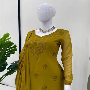 Ensemble 3 pièces haut en fausse georgette, pantalon cousu et dentelle ornée de Dupatta pour femme - Product Image 3