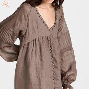 เดรสสั้นคอวีแฟชั่นลำลองของผู้หญิงมาใหม่ชุด100% ผ้าลินินผ้าฝ้ายระบายอากาศลายทึบแขนยาวสำหรับปาร์ตี้ฤดูใบไม้ผลิ - Product Image 4