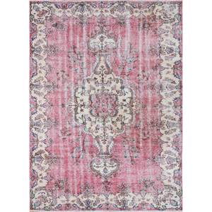 Alfombra de Lana Anudada a Mano de Estilo Vintage, Diseño Rectangular Abstracto con Medallón Rosa y Morado para Sala de Estar o Pasillo, Pae-2199 - Product Image 1