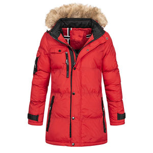 Parka de luxe en polyester avec grande poche frontale pour femmes, veste chaude à fermeture éclair, capuche en fourrure confortable, veste spéciale hiver avec patchs personnalisés - Product Image 1
