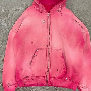 Veste à capuche zippée rose vieilli vintage délavé à l'acide pour hommes taille plus 100% coton sweats unis en éponge française - Product Image 6