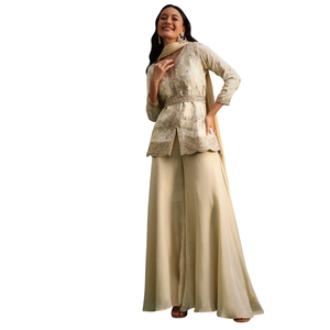 Ensemble Kurta Palazzo en tissu beige avec paillettes et Resham Work Vente en gros Vêtements ethniques pour femmes OEM Vêtements Fournisseur d'usine Tenue - Product Image 1