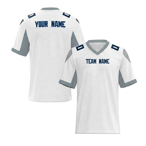 Custom American Football <b>Jersey</b> <b>White</b> Blue V-Neck <b>Short</b> Sleeve Printed Breathable Quick Dry 100% Cotton Men's Team Apparel - Product Image 3