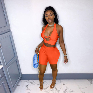 Ensemble de vêtements de sport décontractés d'été pour femmes, orange personnalisé, respirant, deux pièces, haut court à bretelles, short de cycliste, entraînement, gym, fitness, motif - Product Image 1