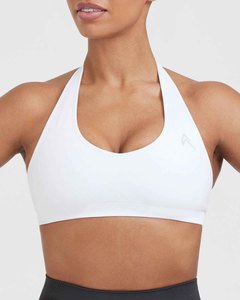 Women's White Seamless <b>Halter</b> Sports <b>Bra</b> Medium Support Yoga Workout Wear Scoop <b>Neck</b> Spandex Polyester Solid Color - Product Image 3
