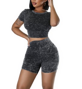 Logo personnalisé OEM Vêtements pour femmes Survêtement en coton délavé à l'acide Ensembles pour femmes côtelés Tenues assorties Ensemble de Short2-Piece - Product Image 1