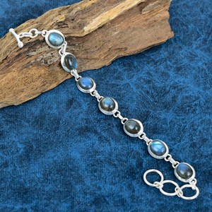 Pulsera de Plata de Ley 925 Bohemia hecha a mano para mujer, longitud ajustable, piedra preciosa labradorita, cabujón ovalado, regalo perfecto - Product Image 6